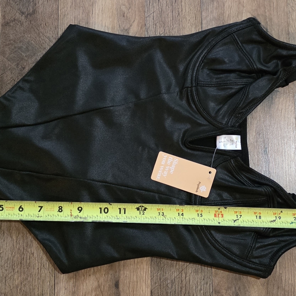 Popilush Women's Black Faux Leather Deep V Shapewear Tummy Control Bodysuit S - Picture 8 of 12